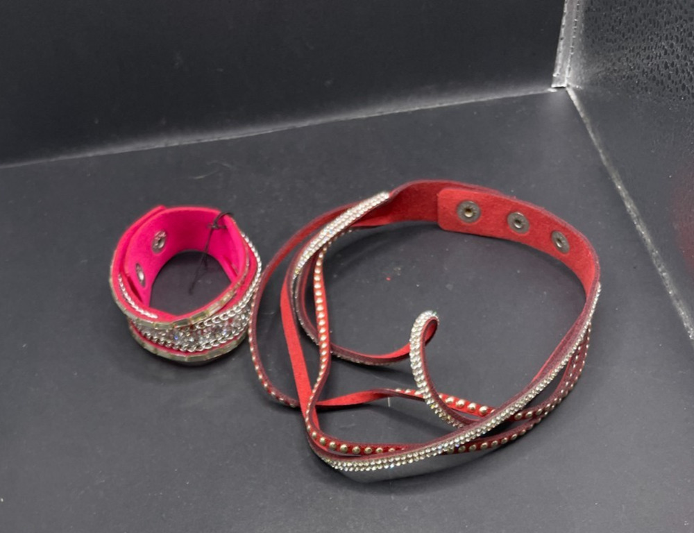 Vintage Red Double Wrap Bracelets Crystal Rhinestone Silver Tone Studs Lot of 2